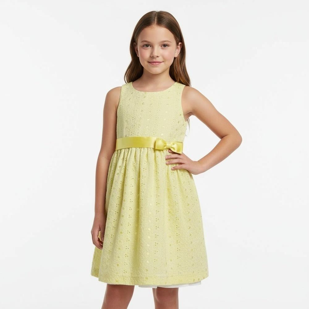 BONNIE JEAN Dress Girls Size 12 Yellow Eyelet Party Bow Sash Special Occasion